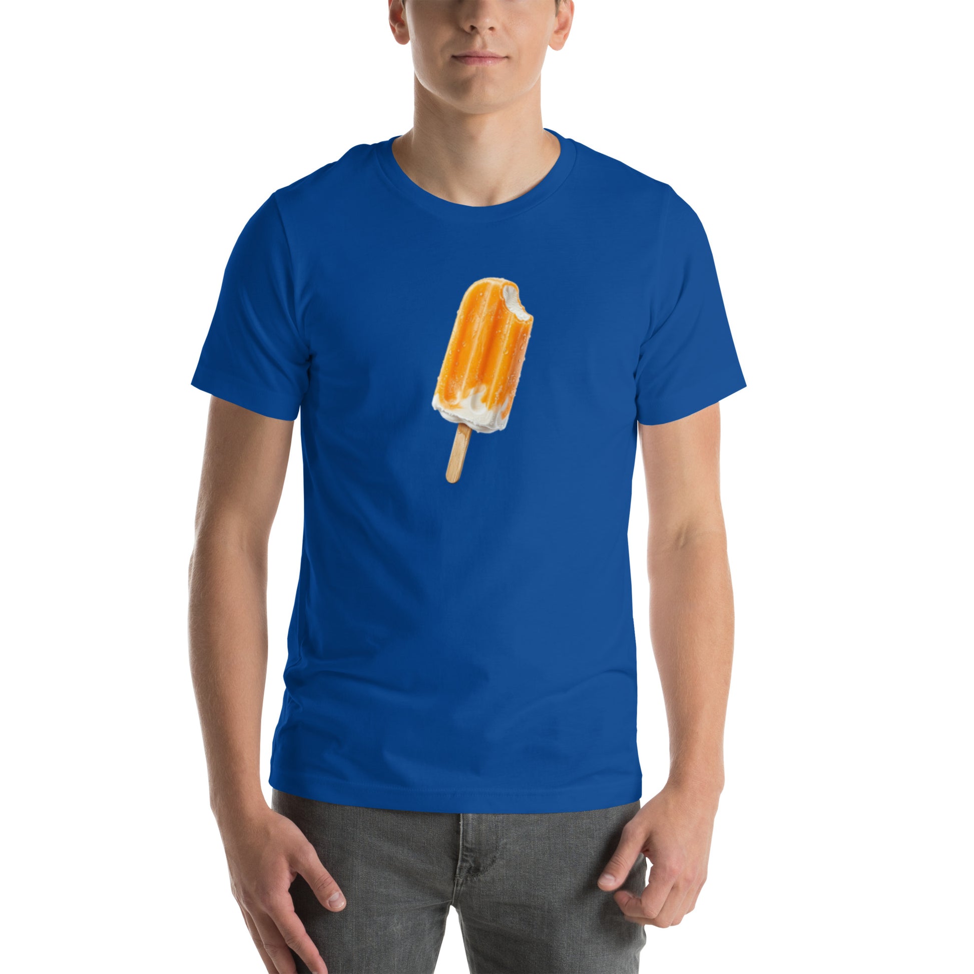 Men's royal blue t-shirt with an orange ceam popsicle