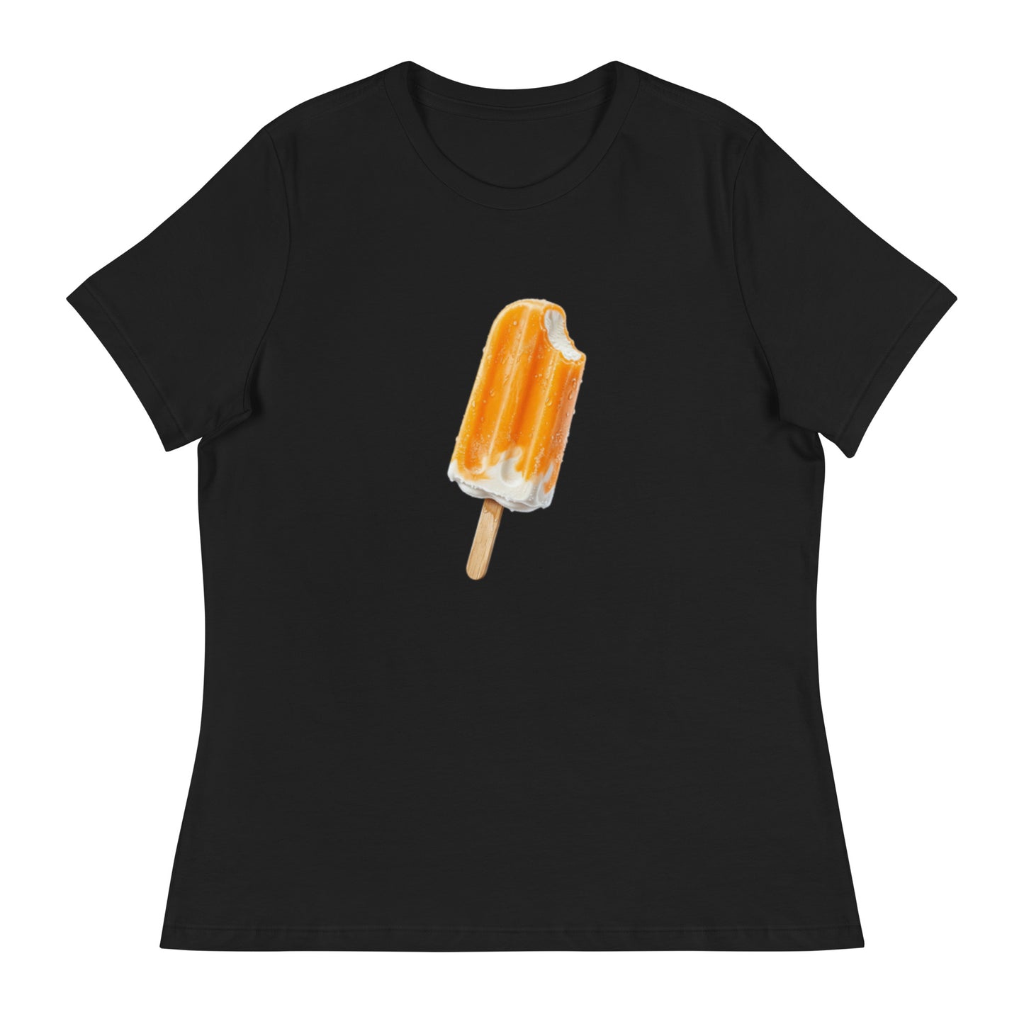 Black short-sleeve t-shirt featuring a graphic print of a partially eaten orange and white popsicle