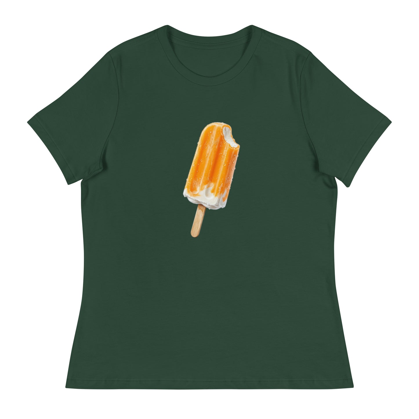 Dark green short-sleeve t-shirt featuring a graphic illustration of an orange and white cream popsicle