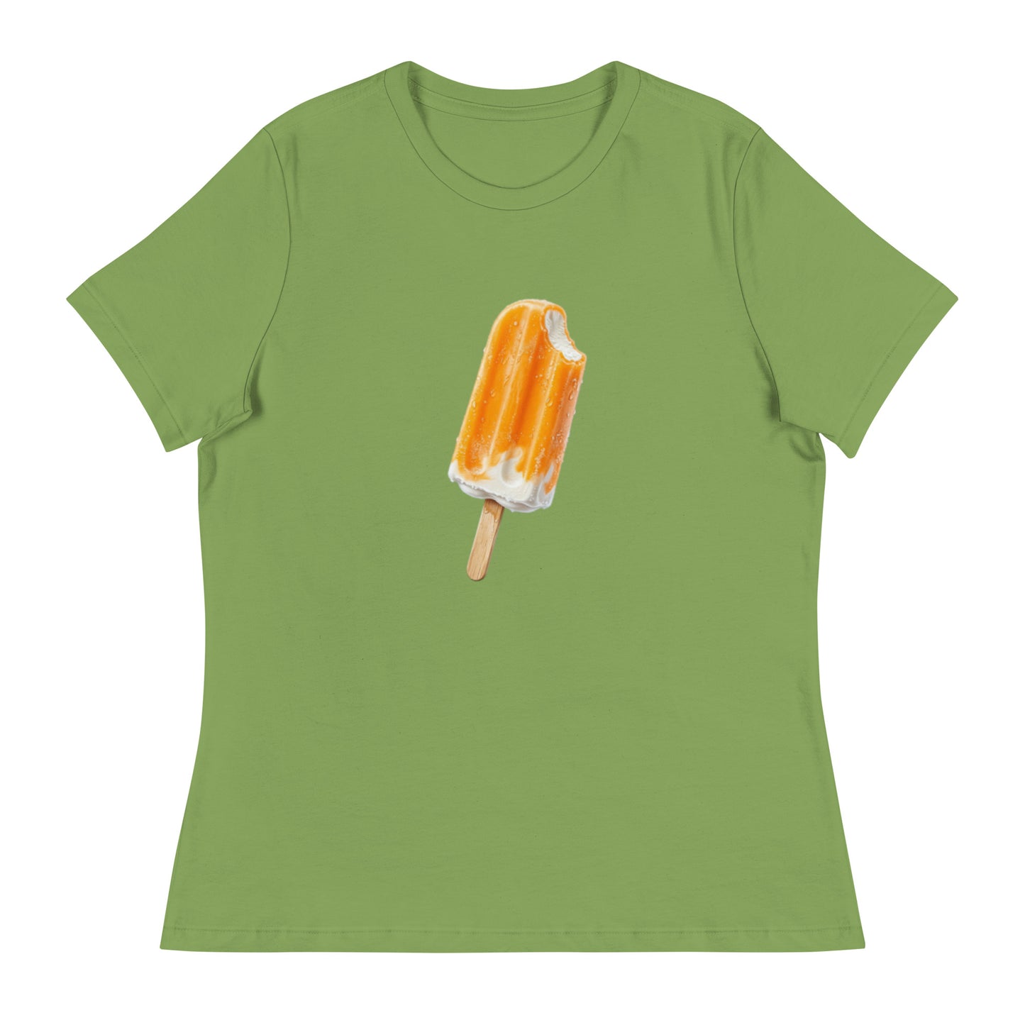 Light green short-sleeve t-shirt featuring a graphic of an orange and white cream pop
