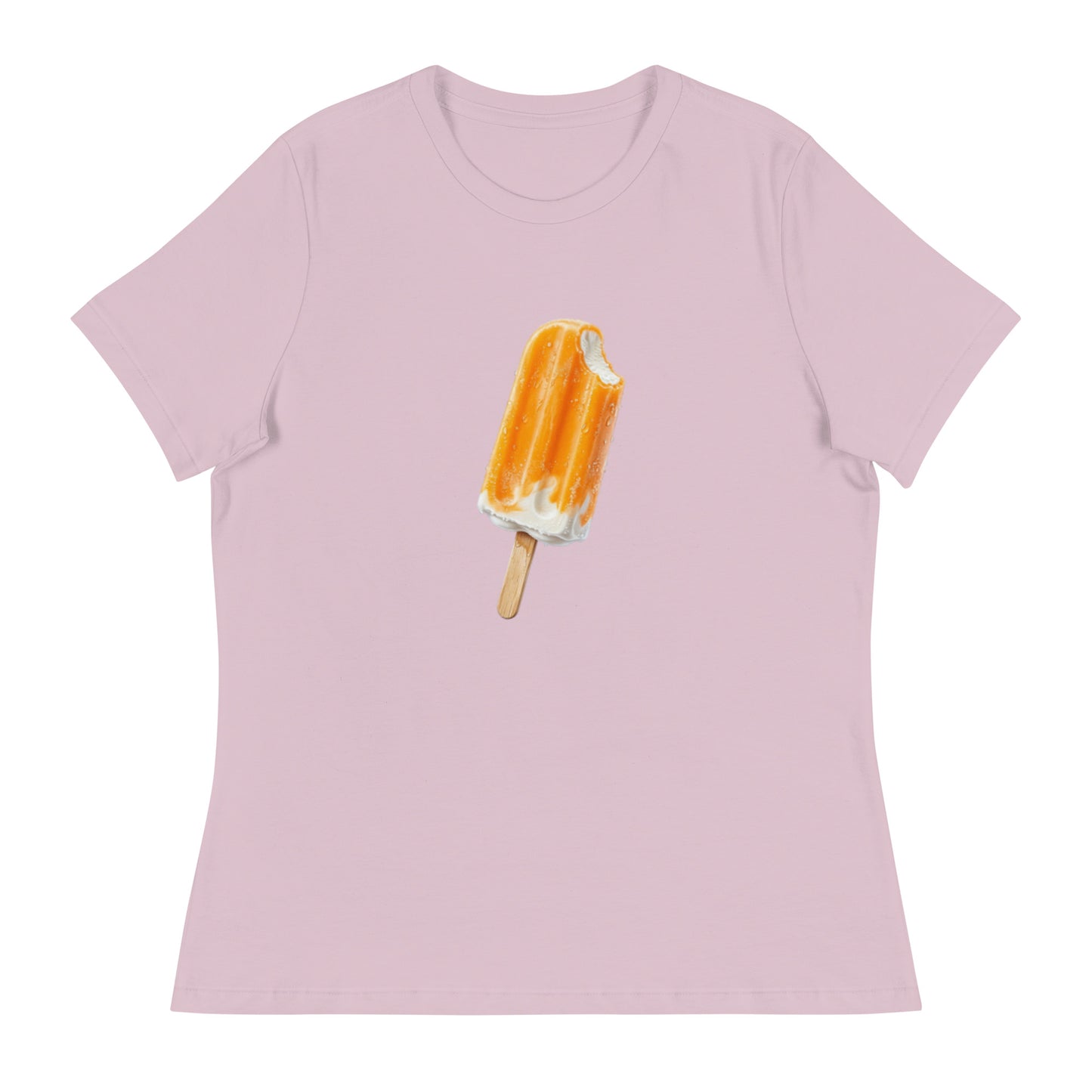 Light purple short-sleeve t-shirt with an orange popsicle with white cream and a wooden stick