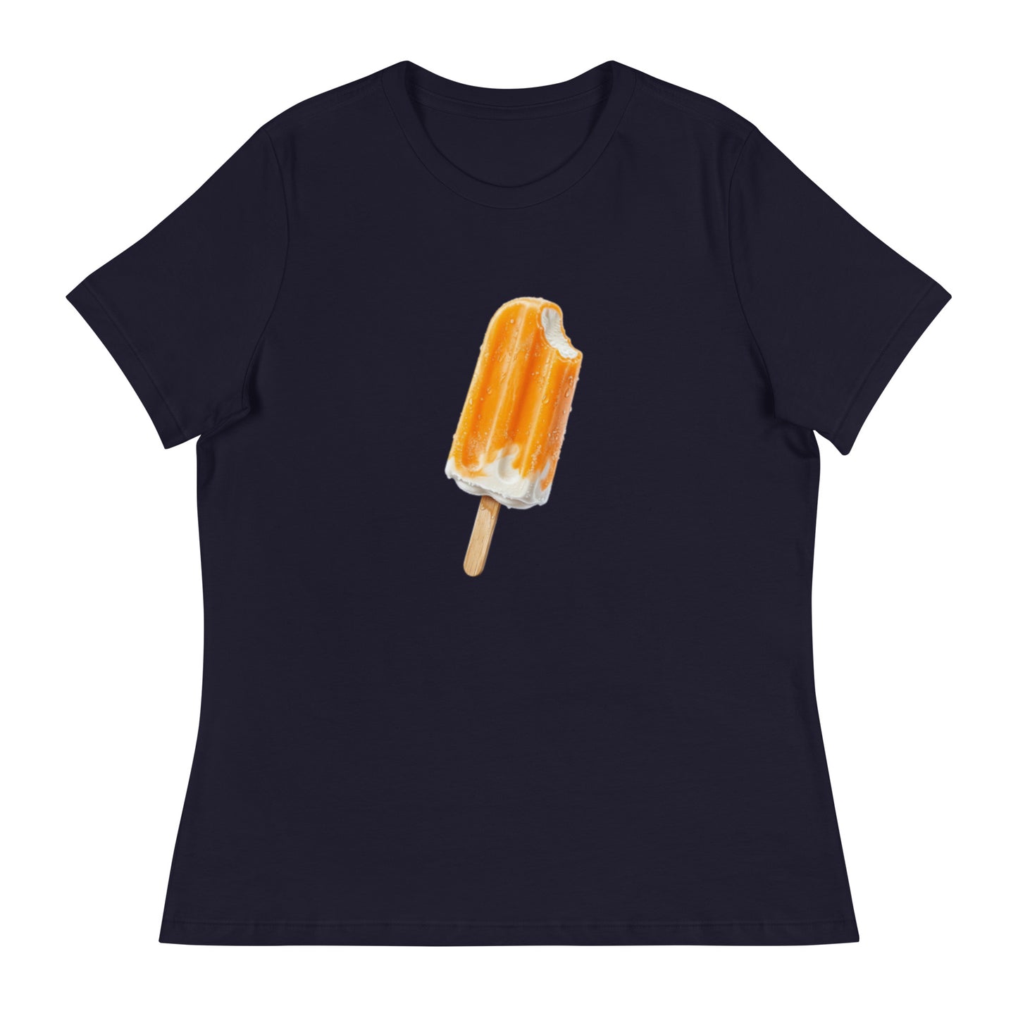 Navy blue short-sleeve t-shirt featuring a graphic illustration of a partially eaten orange popsicle with white cream and a wooden stick