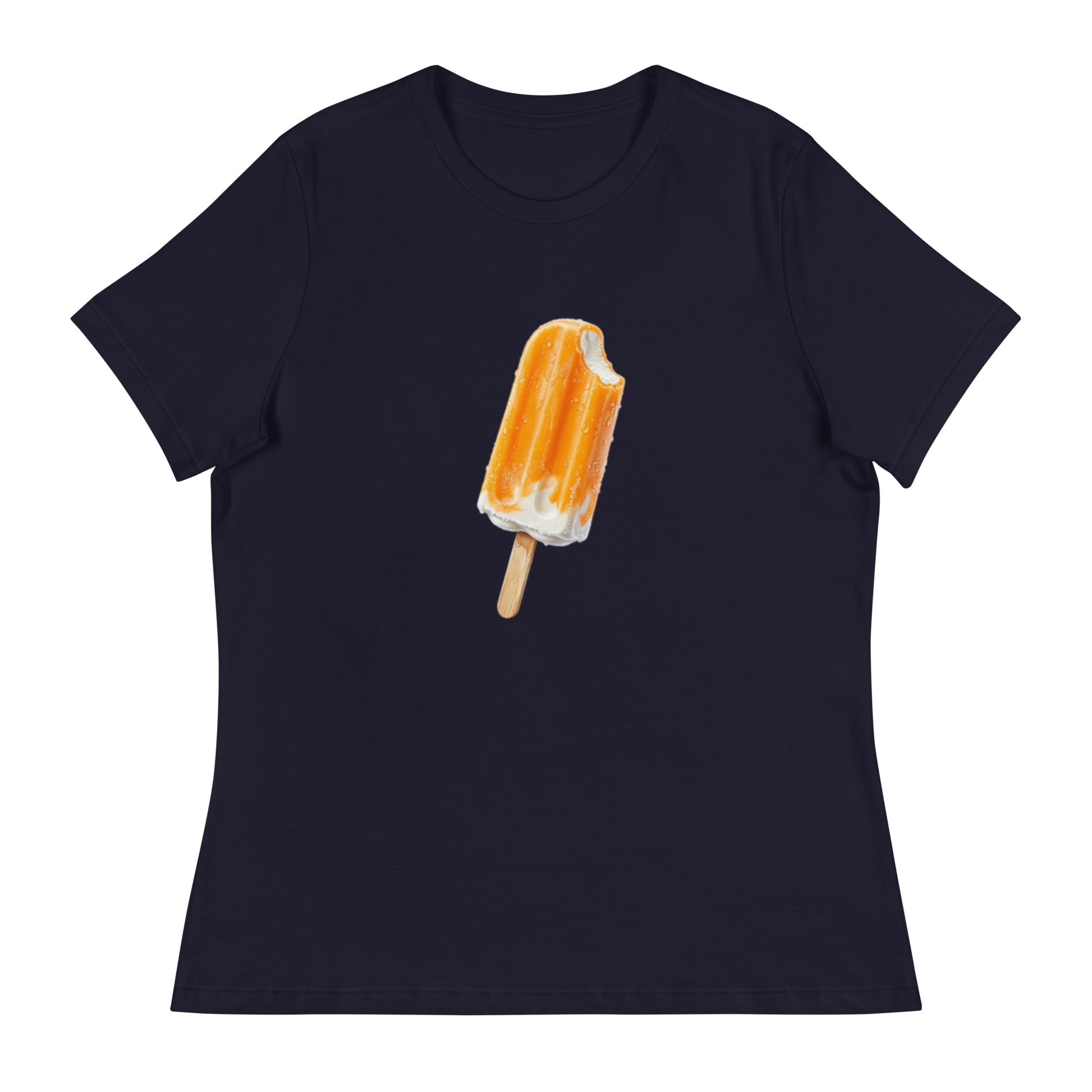 Navy blue short-sleeve t-shirt featuring a graphic illustration of a partially eaten orange popsicle with white cream and a wooden stick