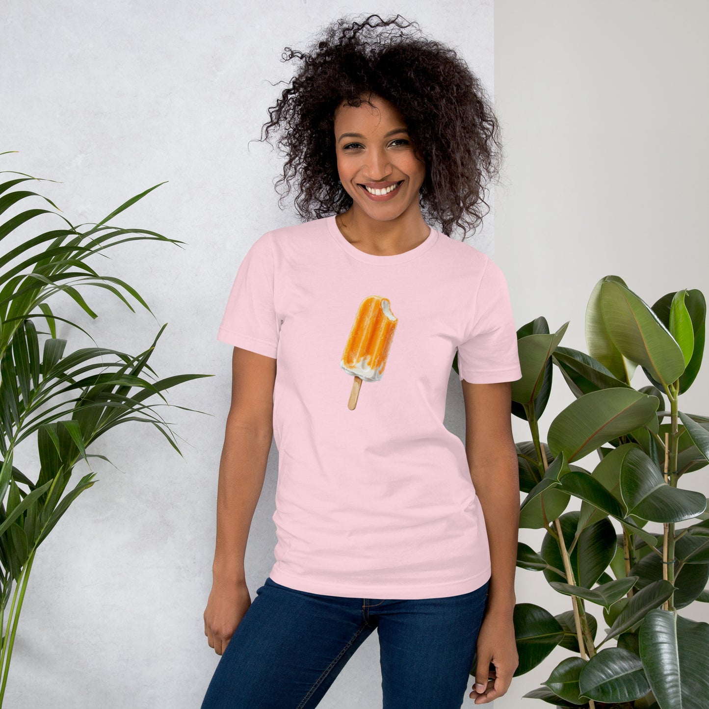 Women's light pink t-shirt with an orange cream popsicle, soft pink
