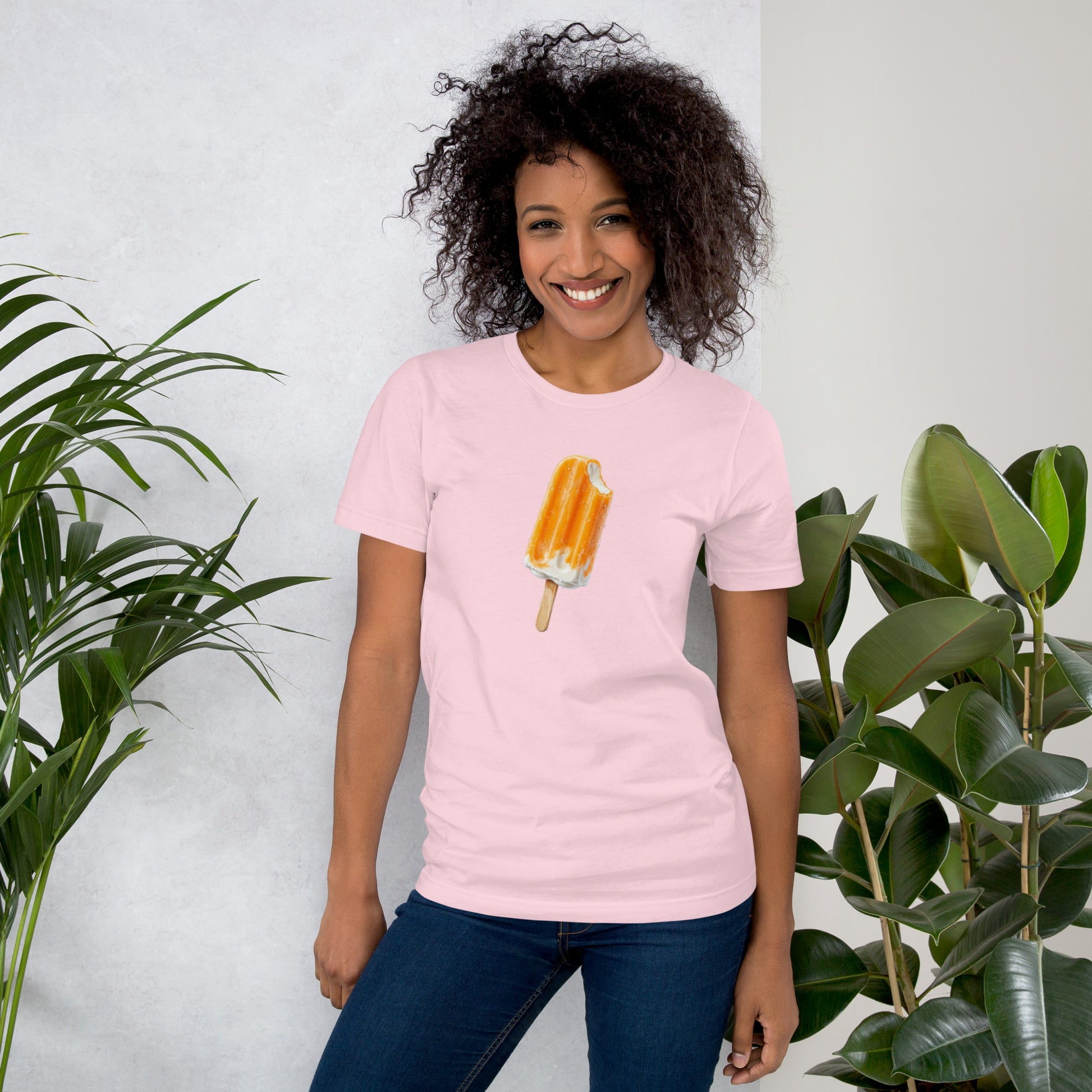Women's light pink t-shirt with an orange cream popsicle, soft pink