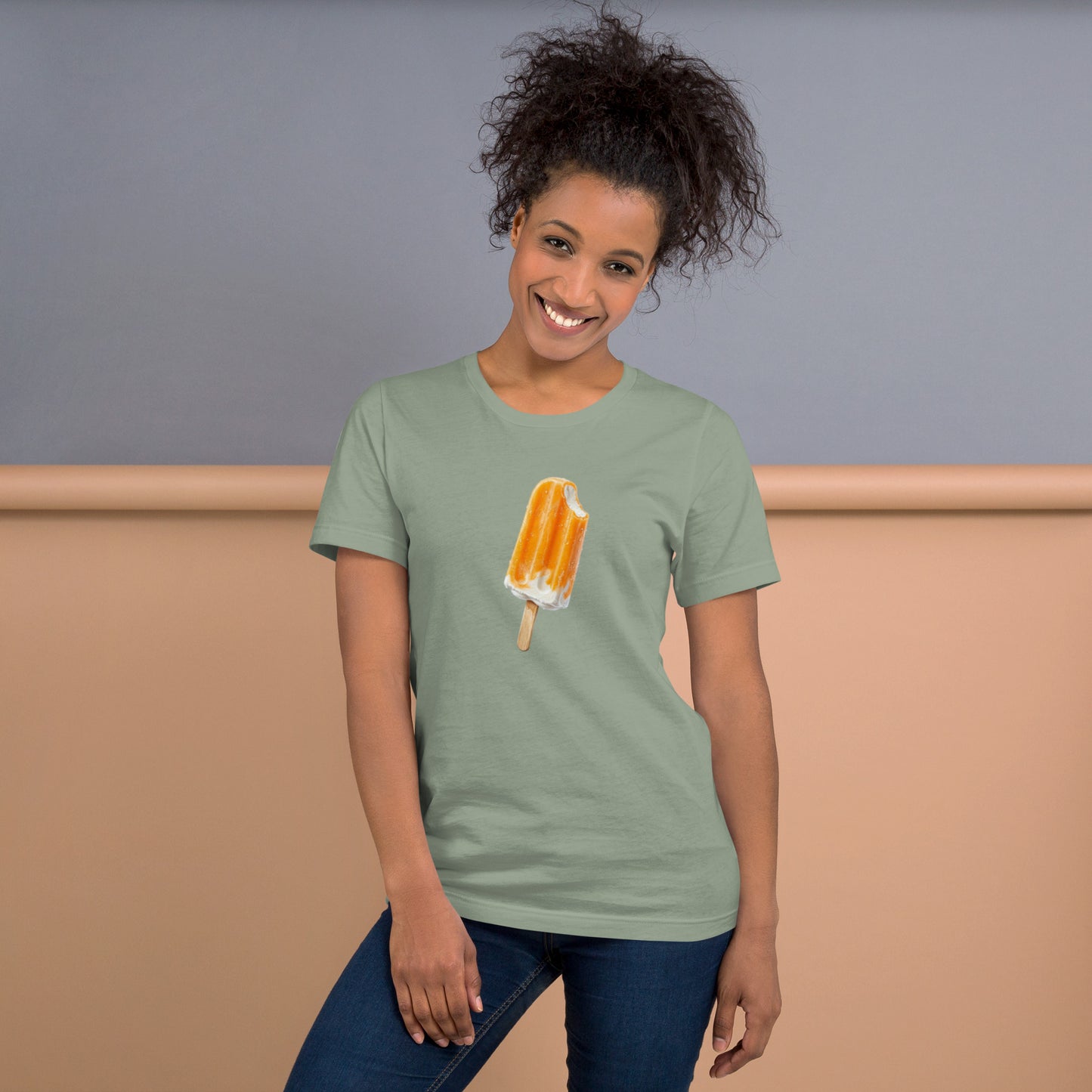 Women's sage  t-shirt with an orange cream popsicle