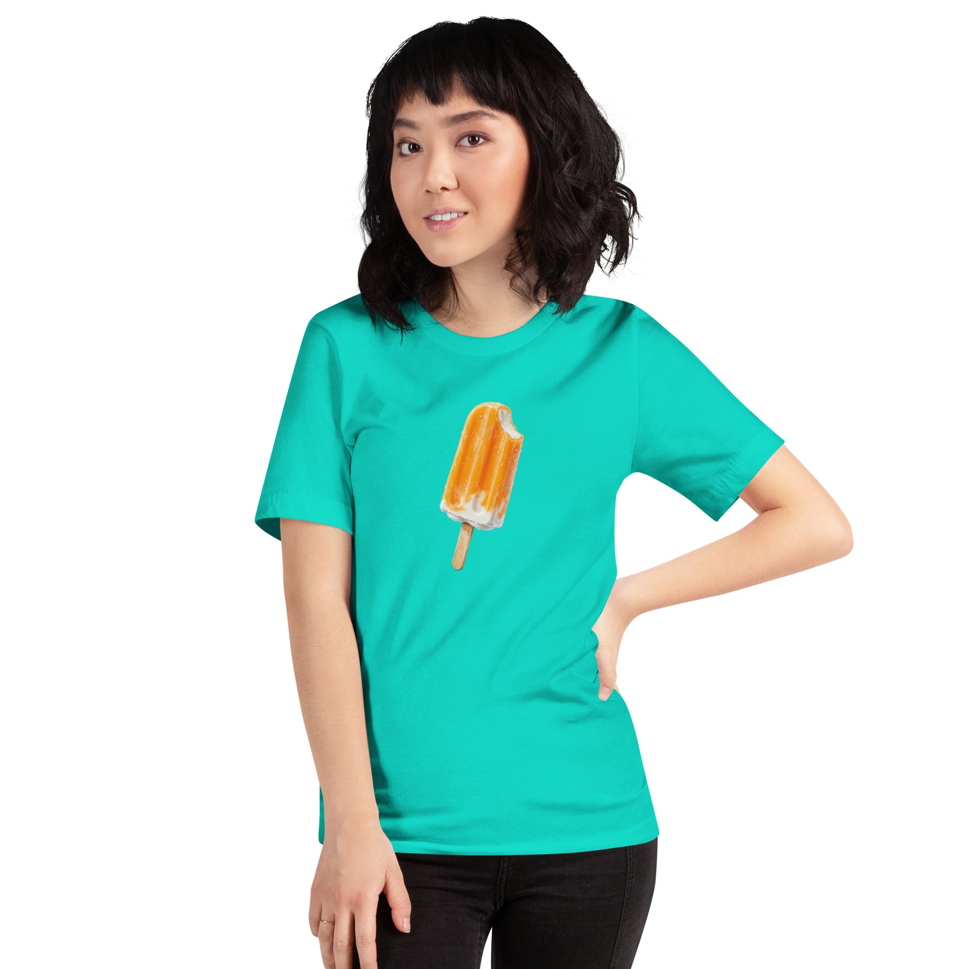 Women's teal t-shirt with an orange  popsicle