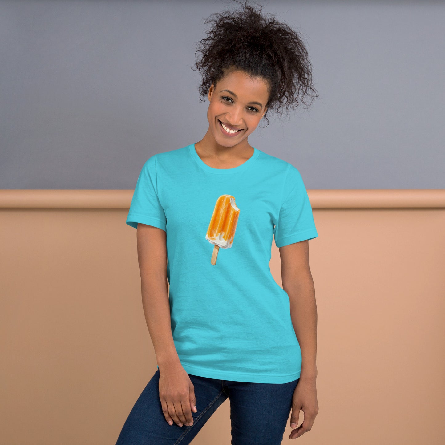 Women's turquoise t-shirt with an orange cream popsicle