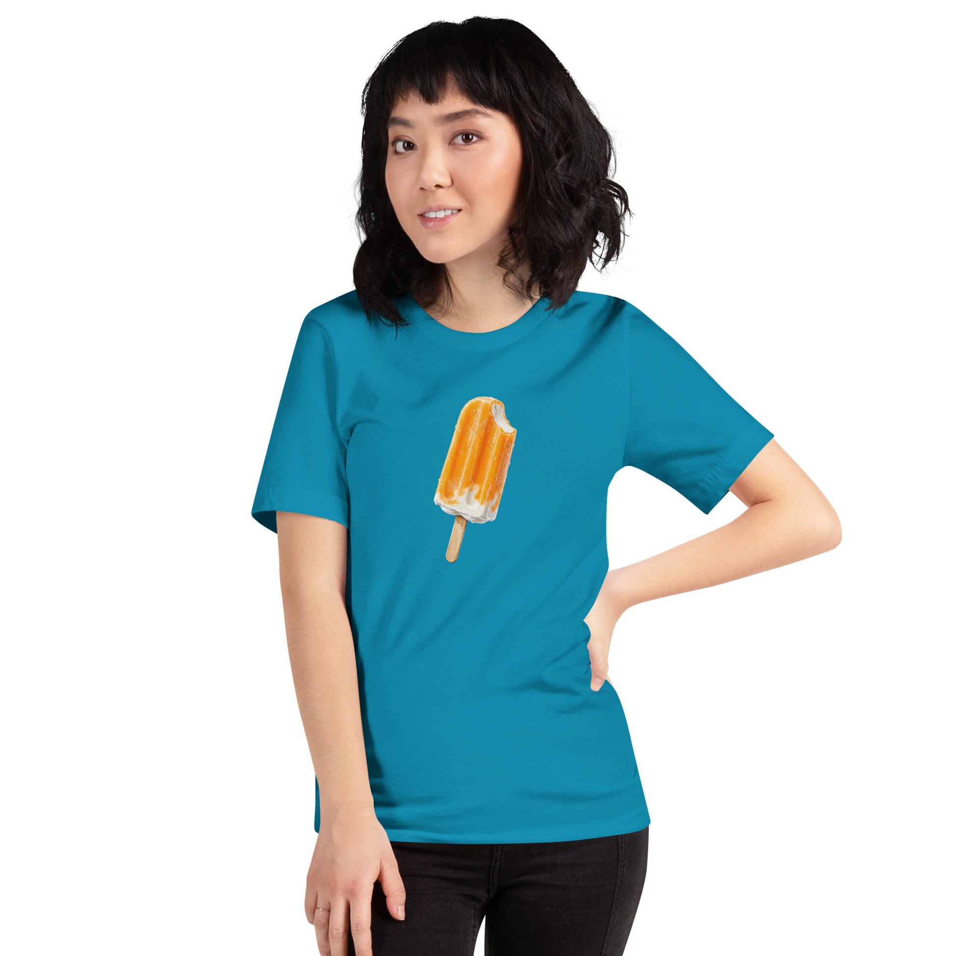 Women's aqua blue t-shirt with an orange cream popsicle design