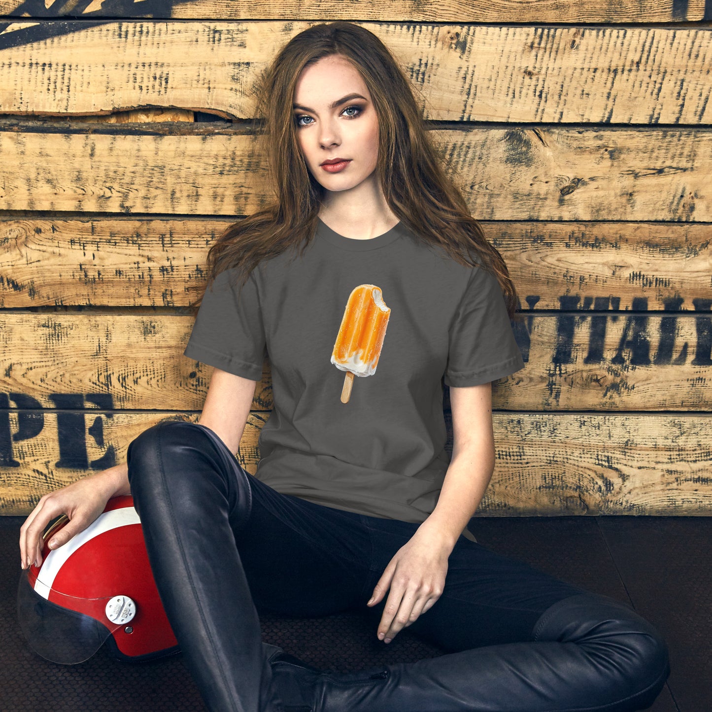 Woman's grey t-shirt with an orange cream popsicle design