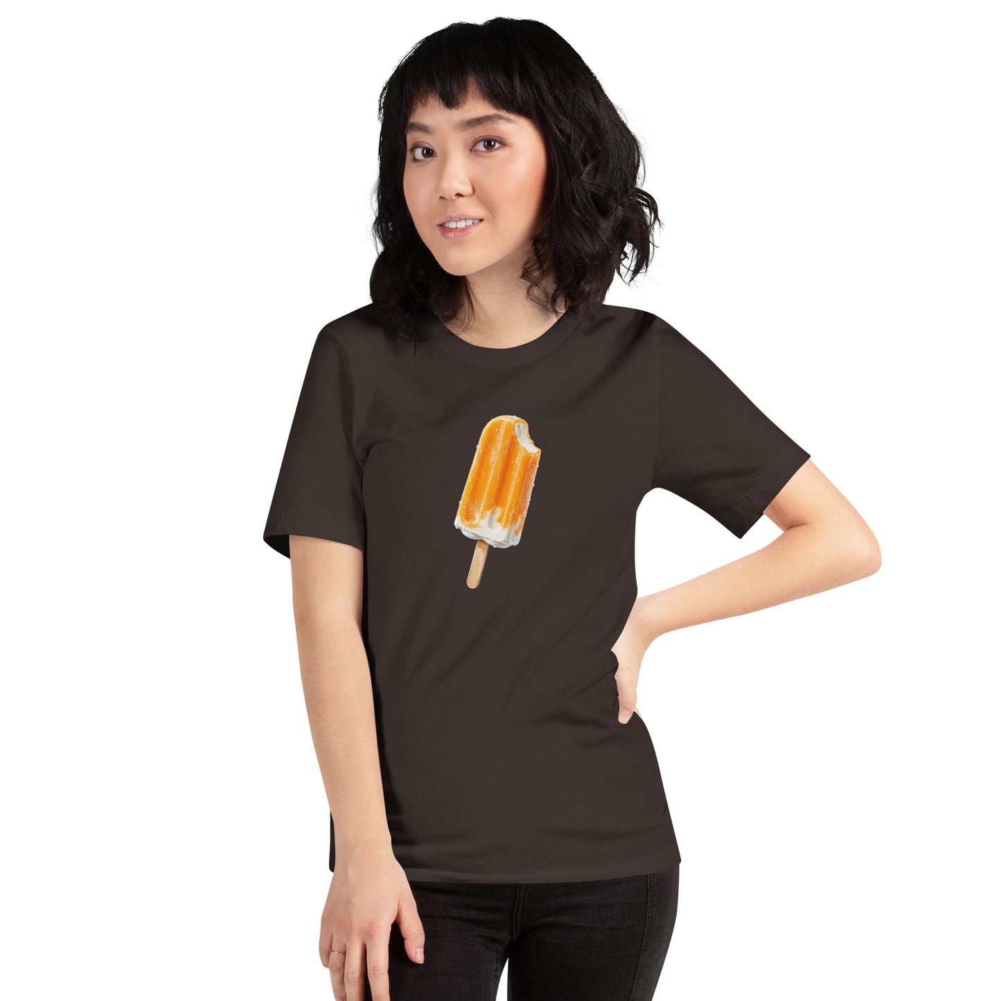 Women's brown t-shirt with a creamsicle-style design