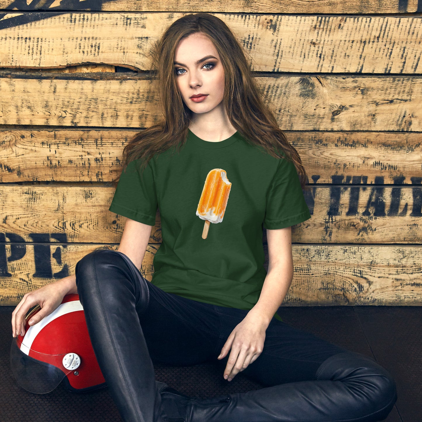 Women's green t-shirt with an orange cream popsicle design