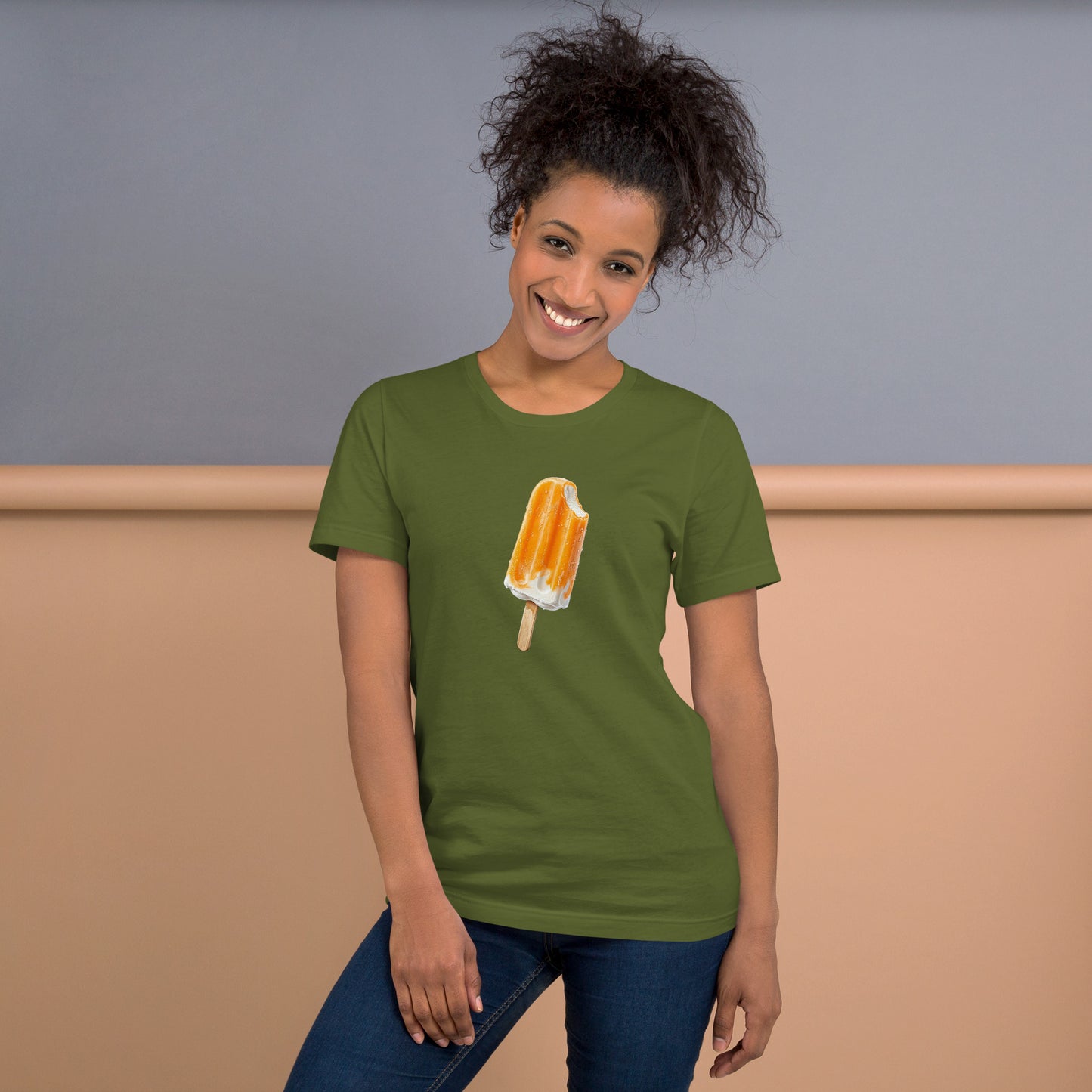 Women's olive green t-shirt with an orange cream popsicle design