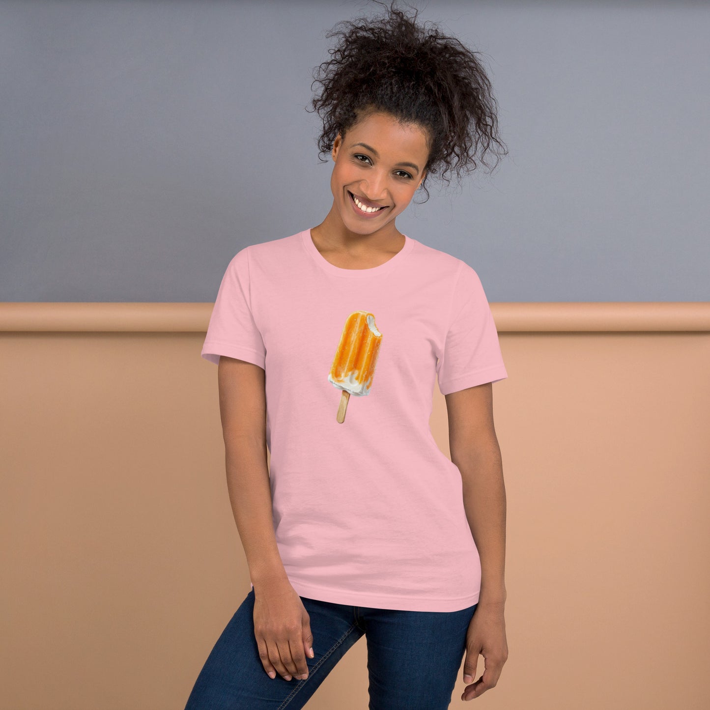 Pink t-shirt with orange cream popsicle graphic, mockup