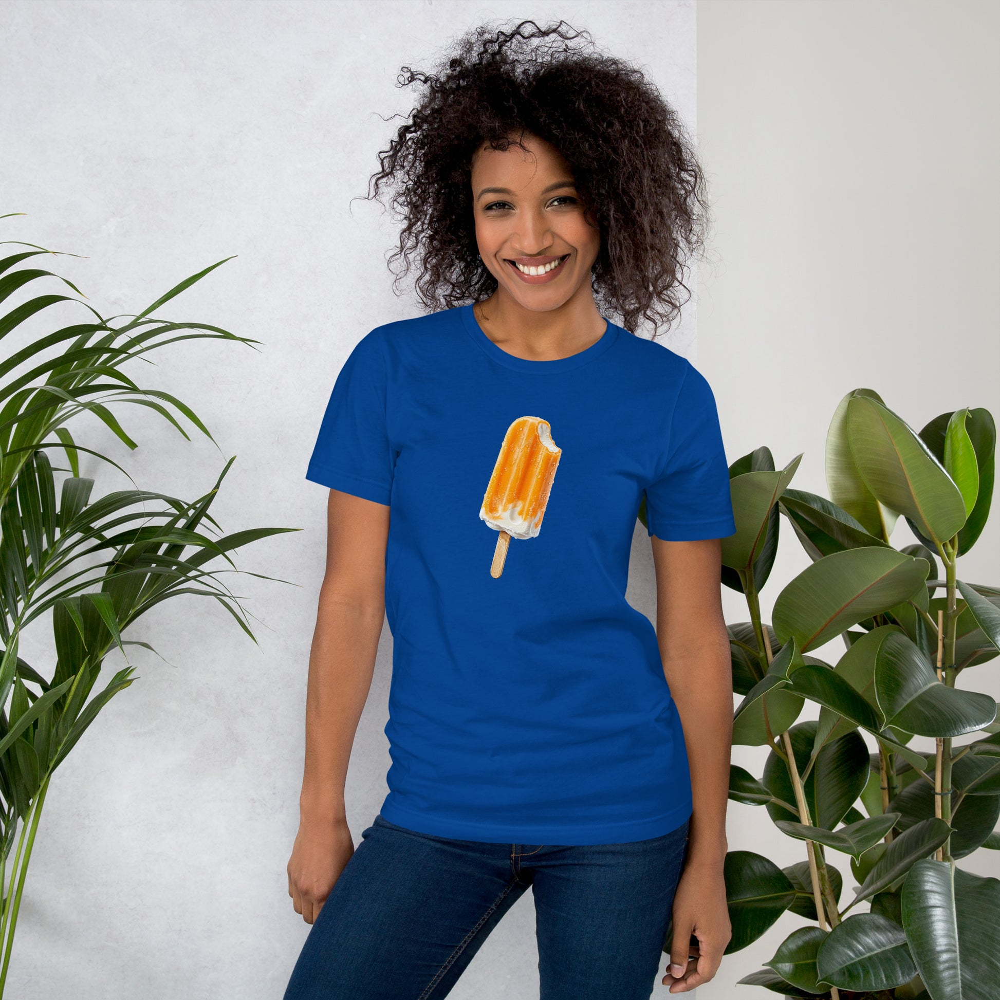 Women's blue t-shirt with an orange cream popsicle design