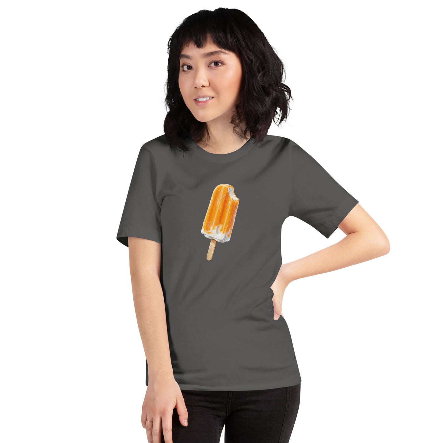 Women's grey t-shirt with an orange cream popsicle design