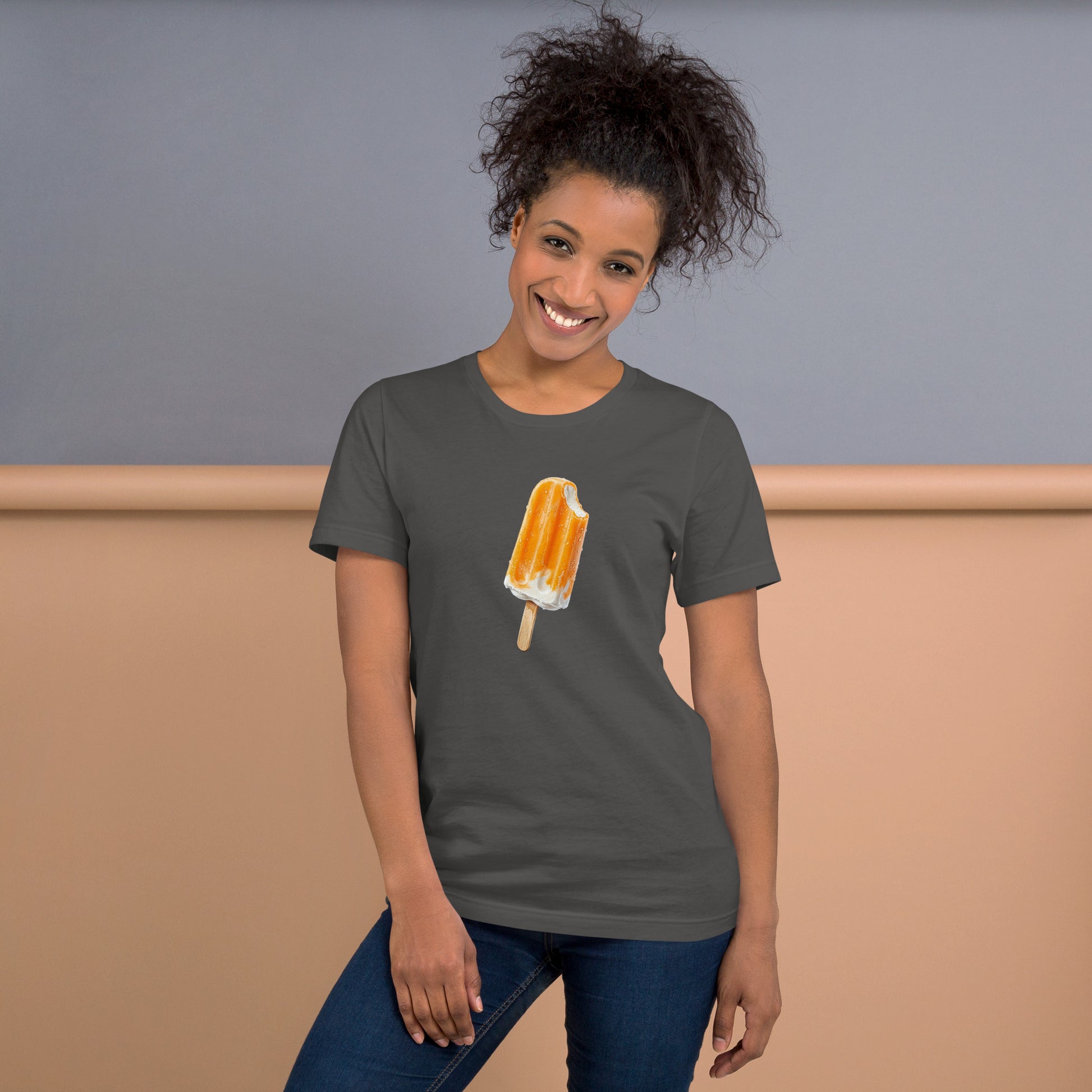 Grey t-shirt with an orange cream popsicle design