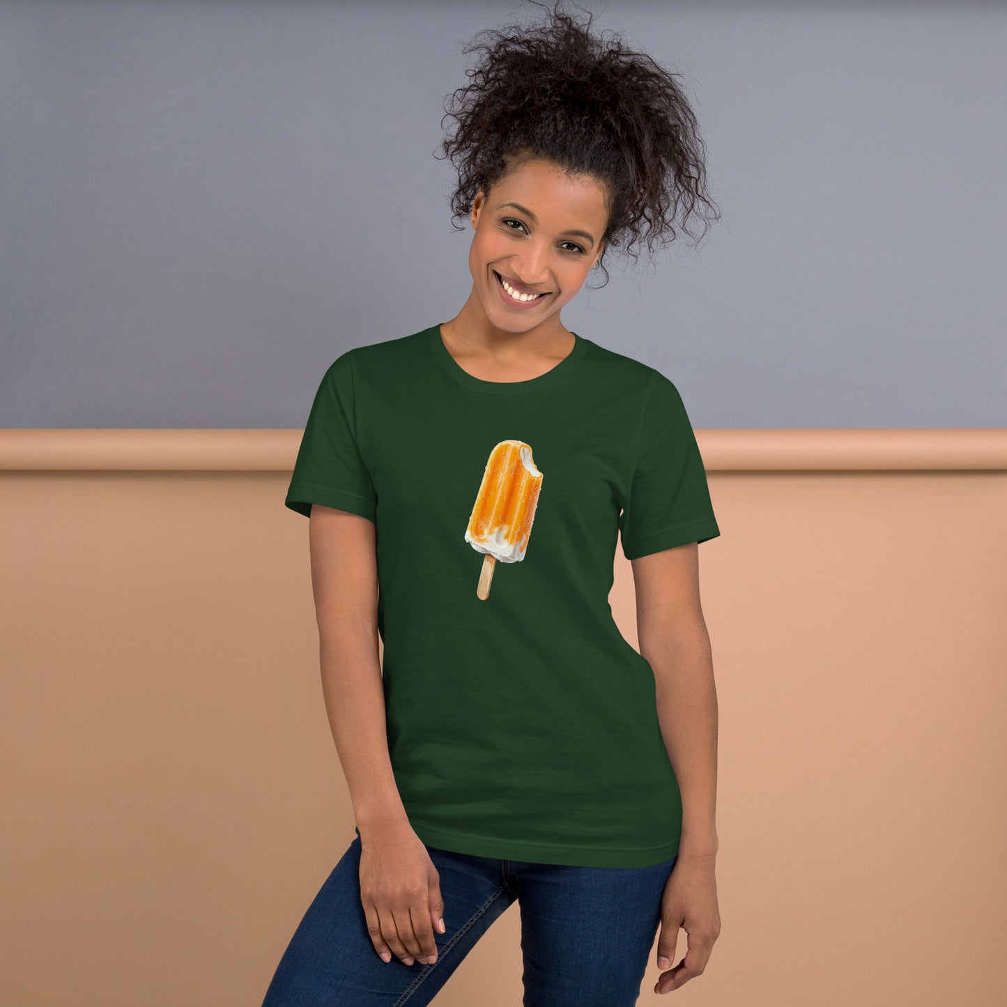 Women's dark green t-shirt with an orange cream popsicle design