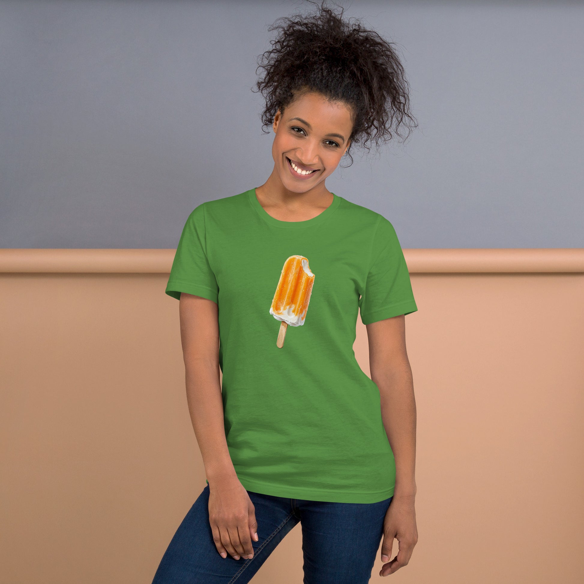Women's green t-shirt with an orange cream popsicle design