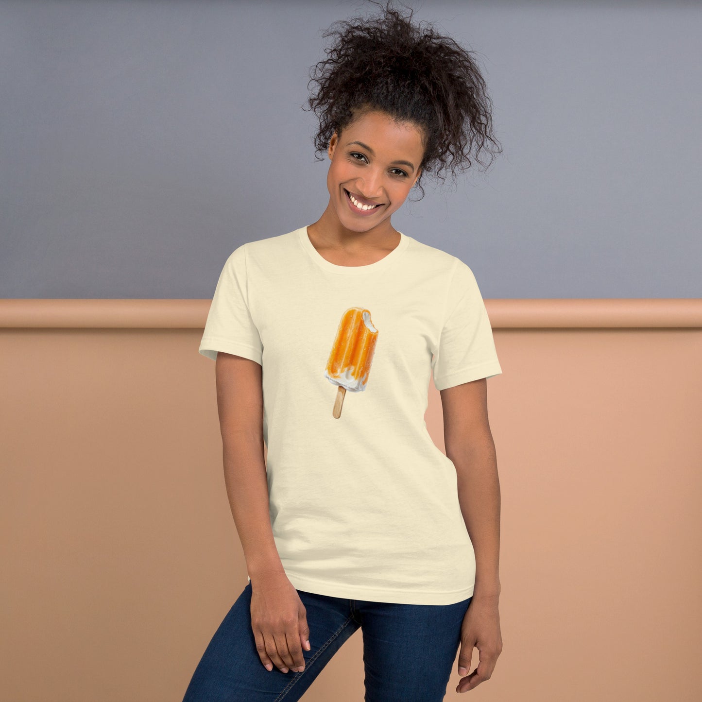 Woman's natural color t-shirt with an orange cream popsicle