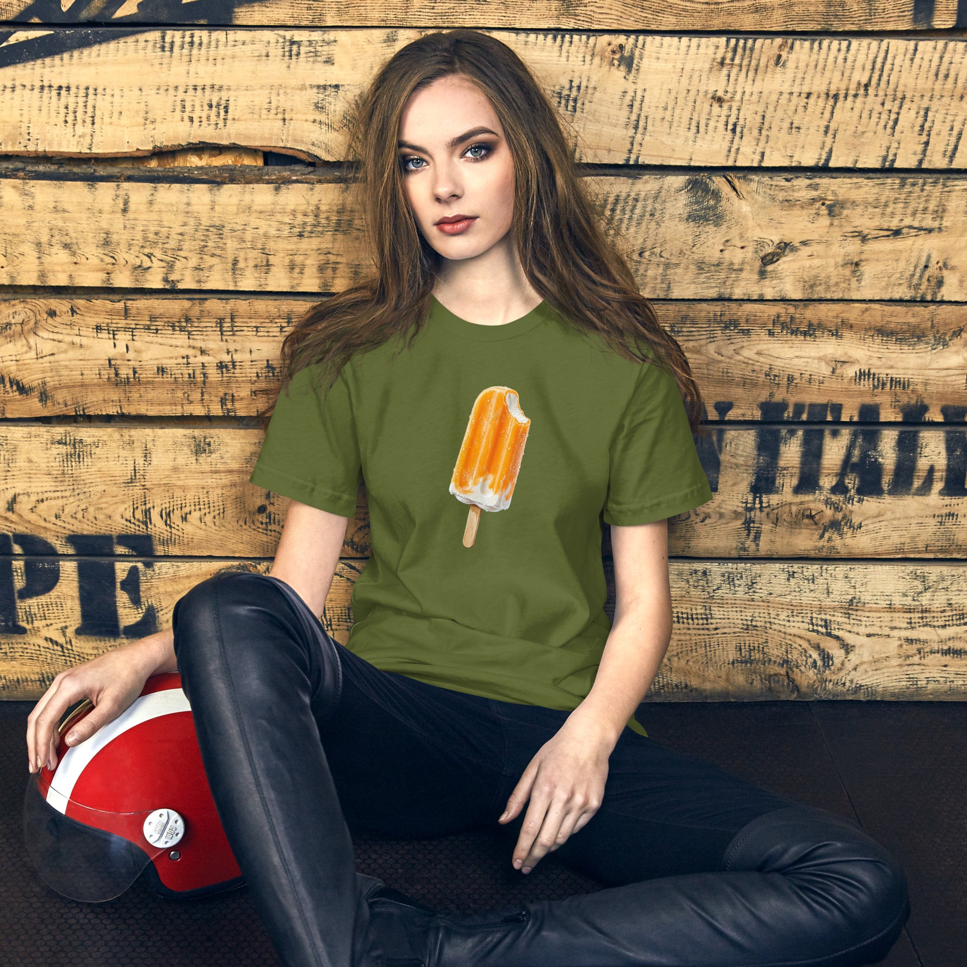 Women's olive t-shirt with a cream popsicle design