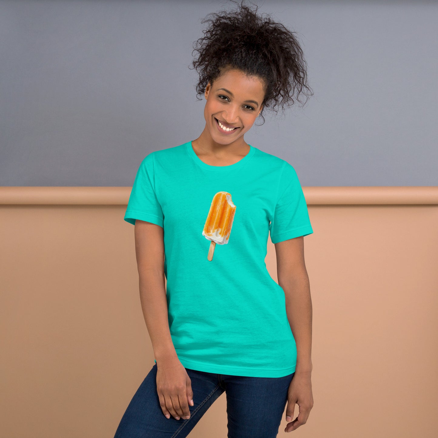 Teal t-shirt with an orange popsicle