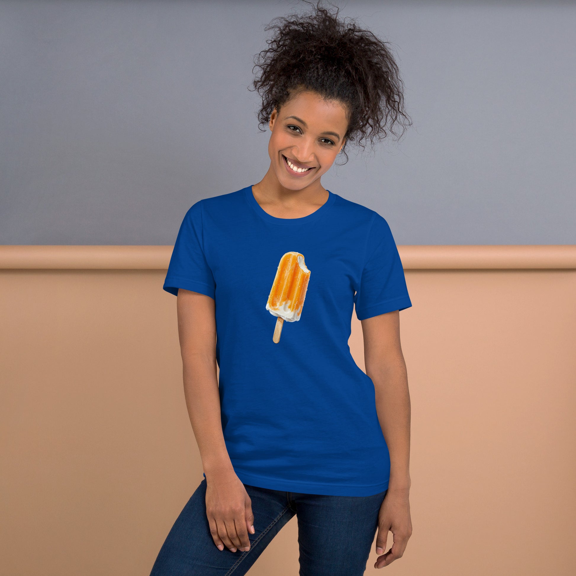 Women's royal blue t-shirt with an orange cream popsicle design