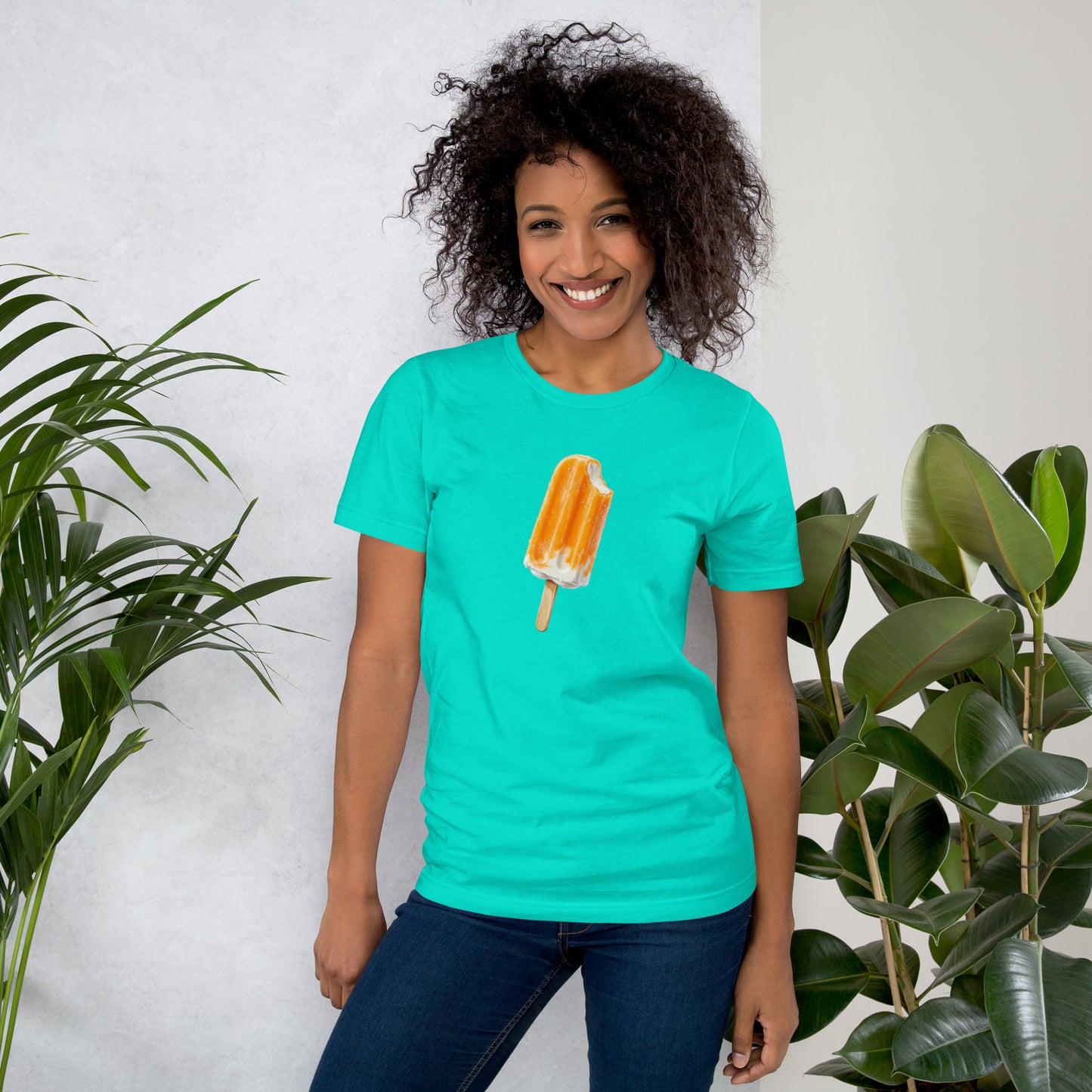 Women's teal shirt with an orange cream popsicle