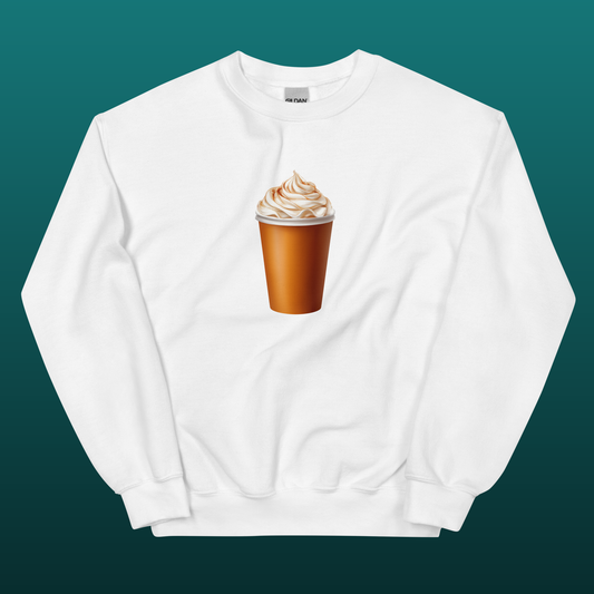 Pumpkin Spice latte coffee with whipped cream on white unisex sweathshirt, mockup