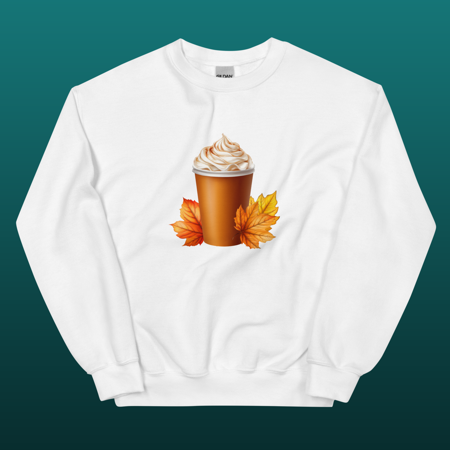White sweatshirt with a pumpkin spice latte and autumn leaves