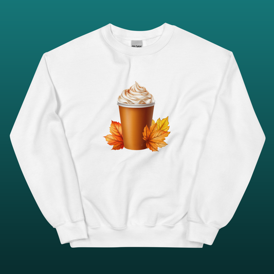 White sweatshirt with a pumpkin spice latte and autumn leaves