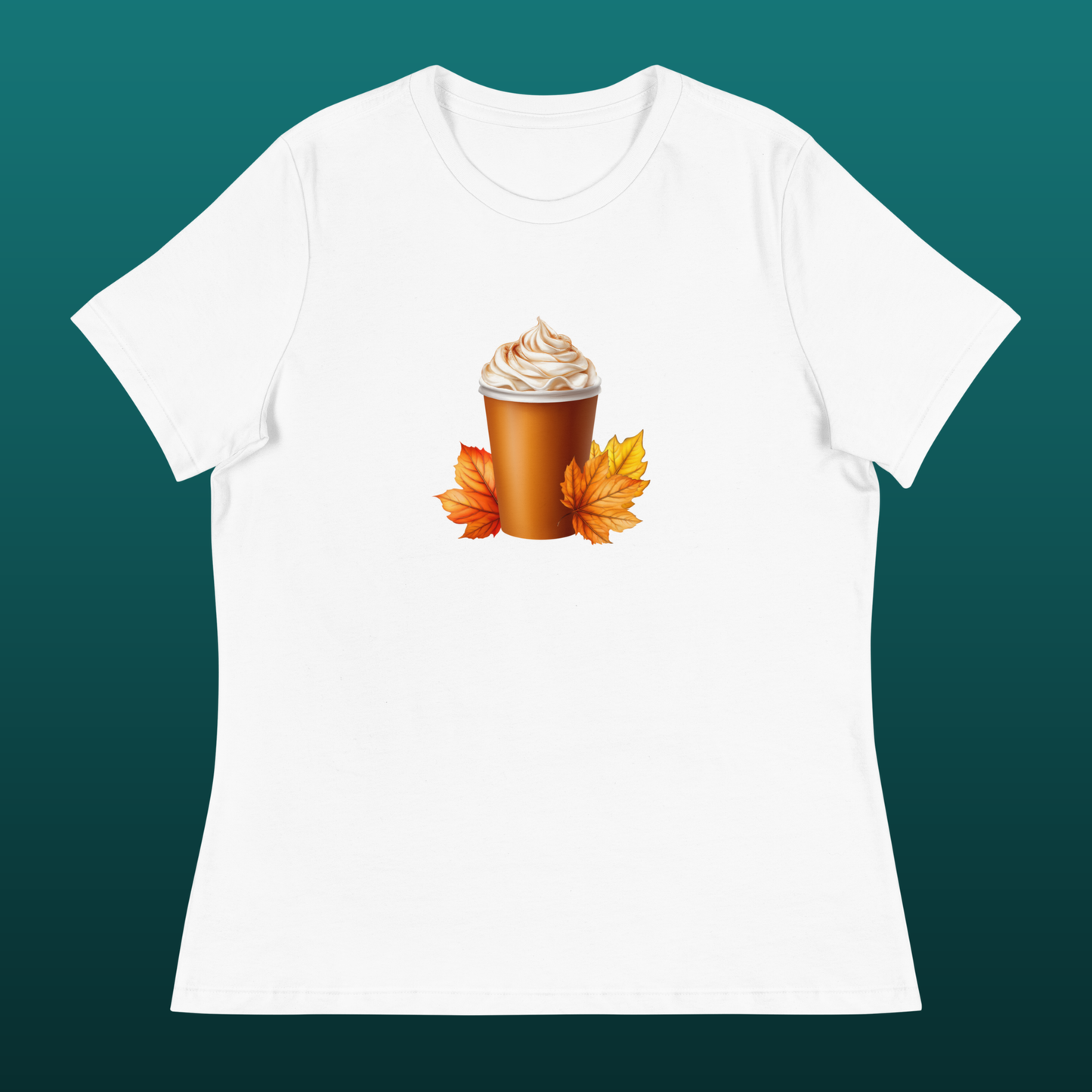 White t-shirt with a graphic of a pumpkin spice latte and fall leaves mockup