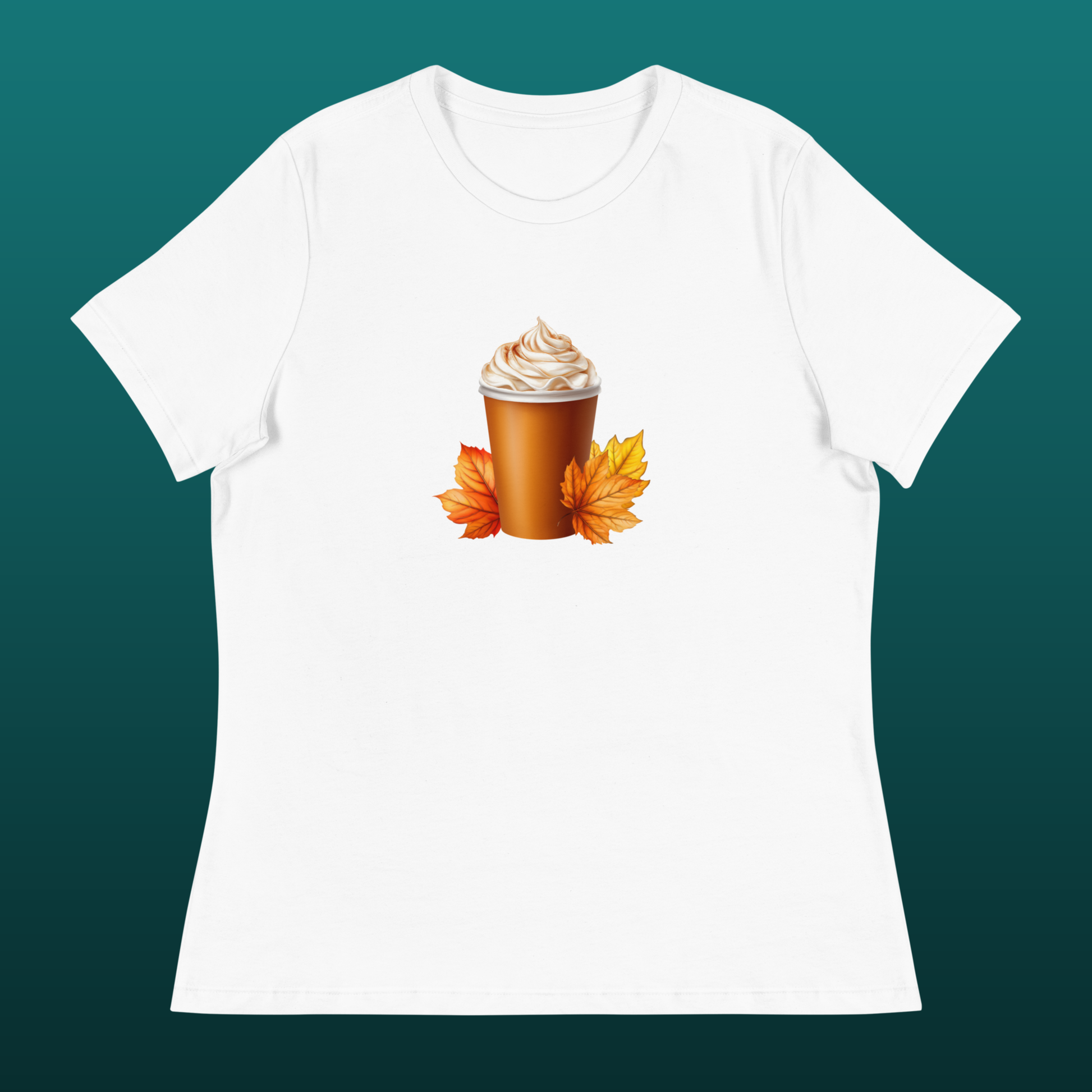White t-shirt with a graphic of a pumpkin spice latte and fall leaves mockup