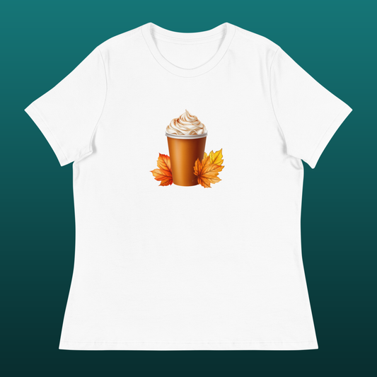 White t-shirt with a graphic of a pumpkin spice latte and fall leaves mockup
