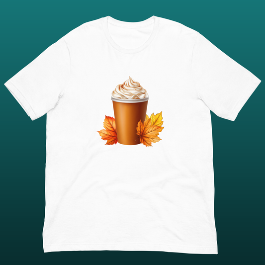White t-shirt with a Pumpkin latte coffee cup and leaves design mockup