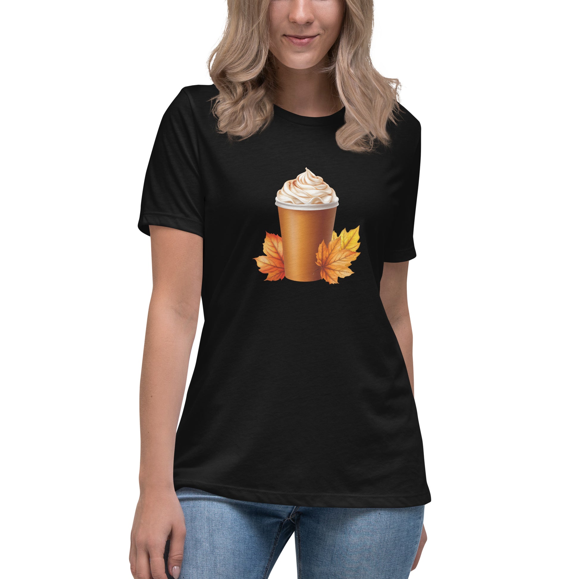 Pumpkin Spice Leaf Women's Relaxed T-Shirt in black mockup