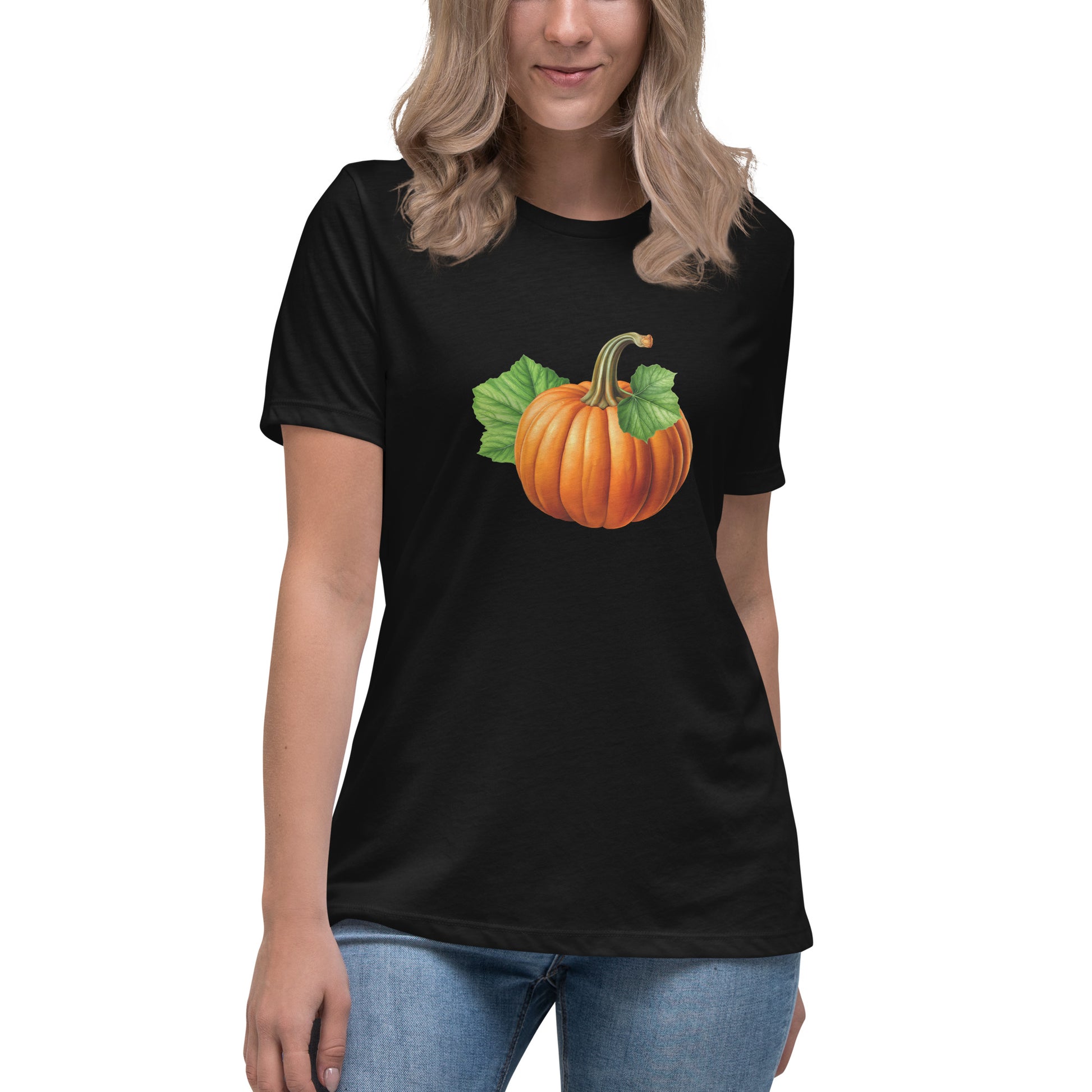 Womens Relaxed Fit Pumpkin T-Shirt in Black - Product Mockup