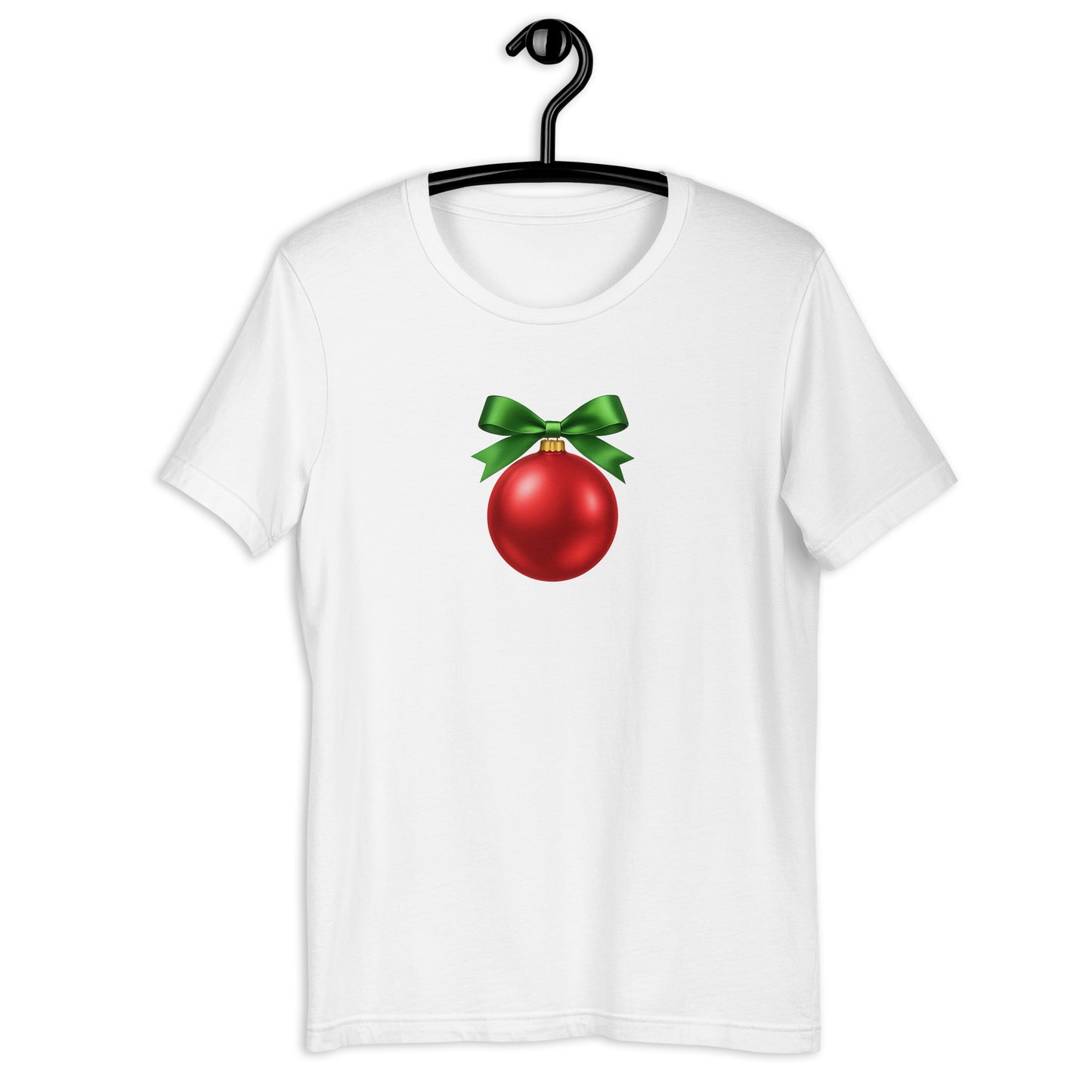 White t-shirt with a red Christmas ornament and green bow mockup