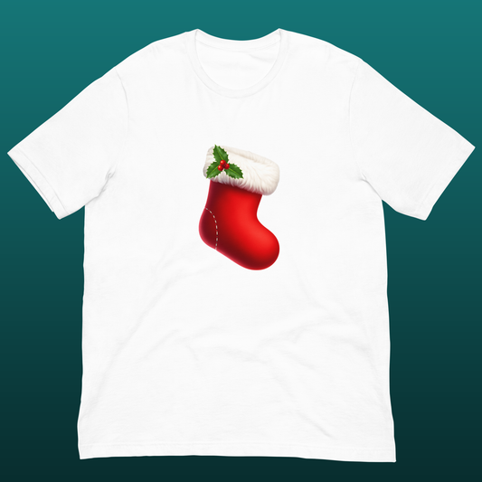 White t-shirt with a red Christmas stocking graphic mockup