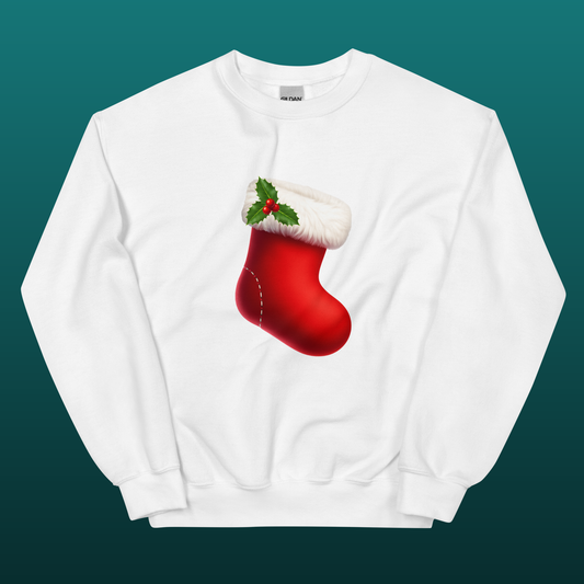 White sweatshirt with a red Christmas stocking graphic, mockup