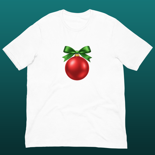 White t-shirt with a red Christmas ornament and green bow mockup