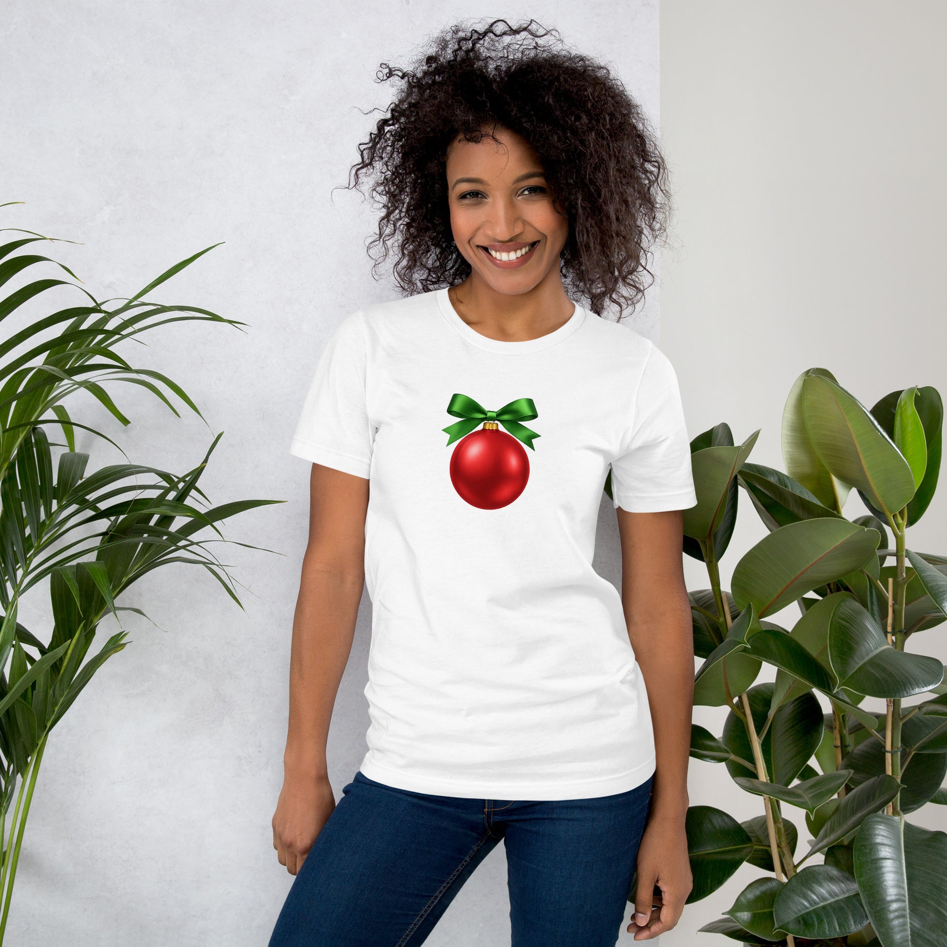 White t-shirt with a red Christmas ornament and green bow mockup
