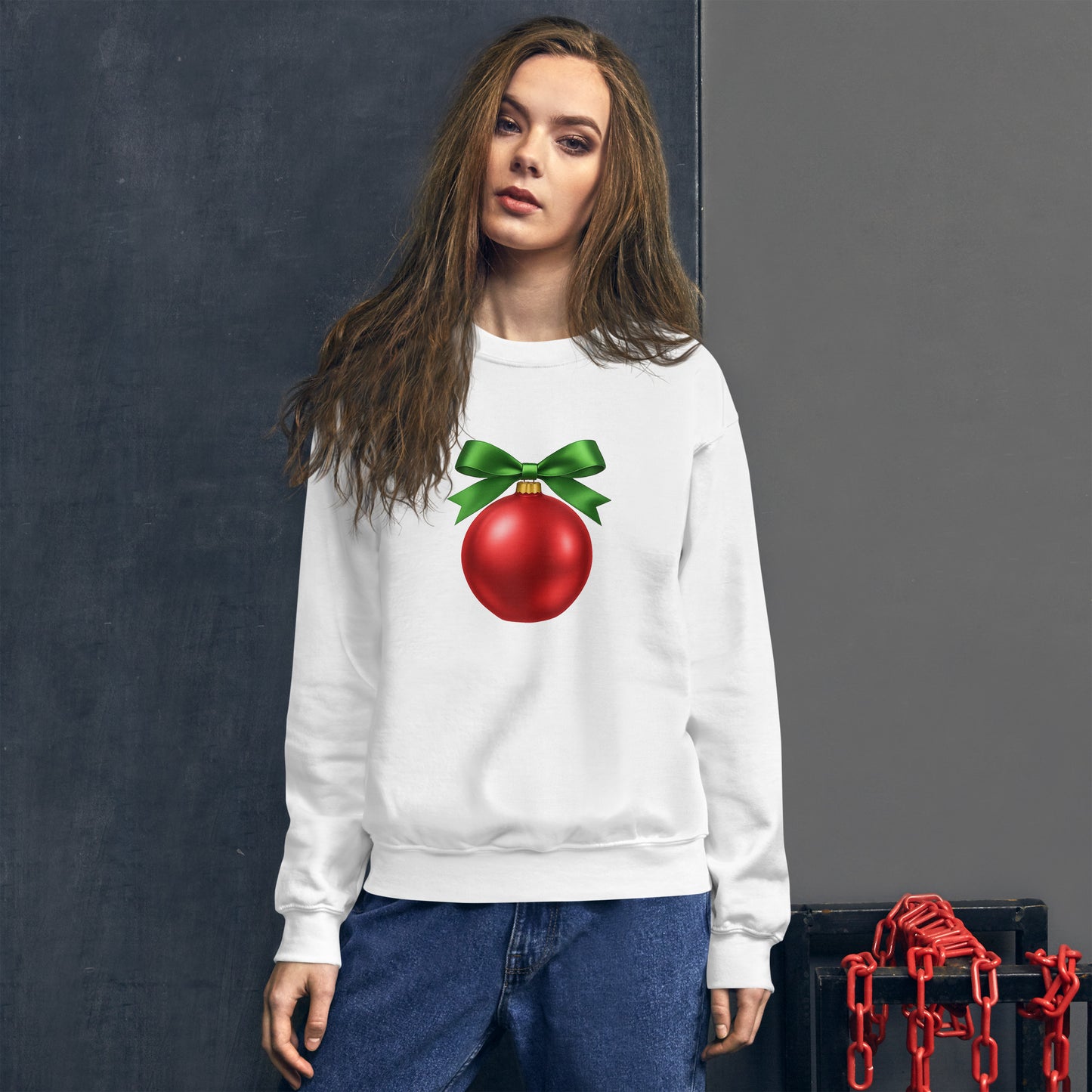 Red Ornament with Green Bow Holiday Sweatshirt - Unisex, mockup
