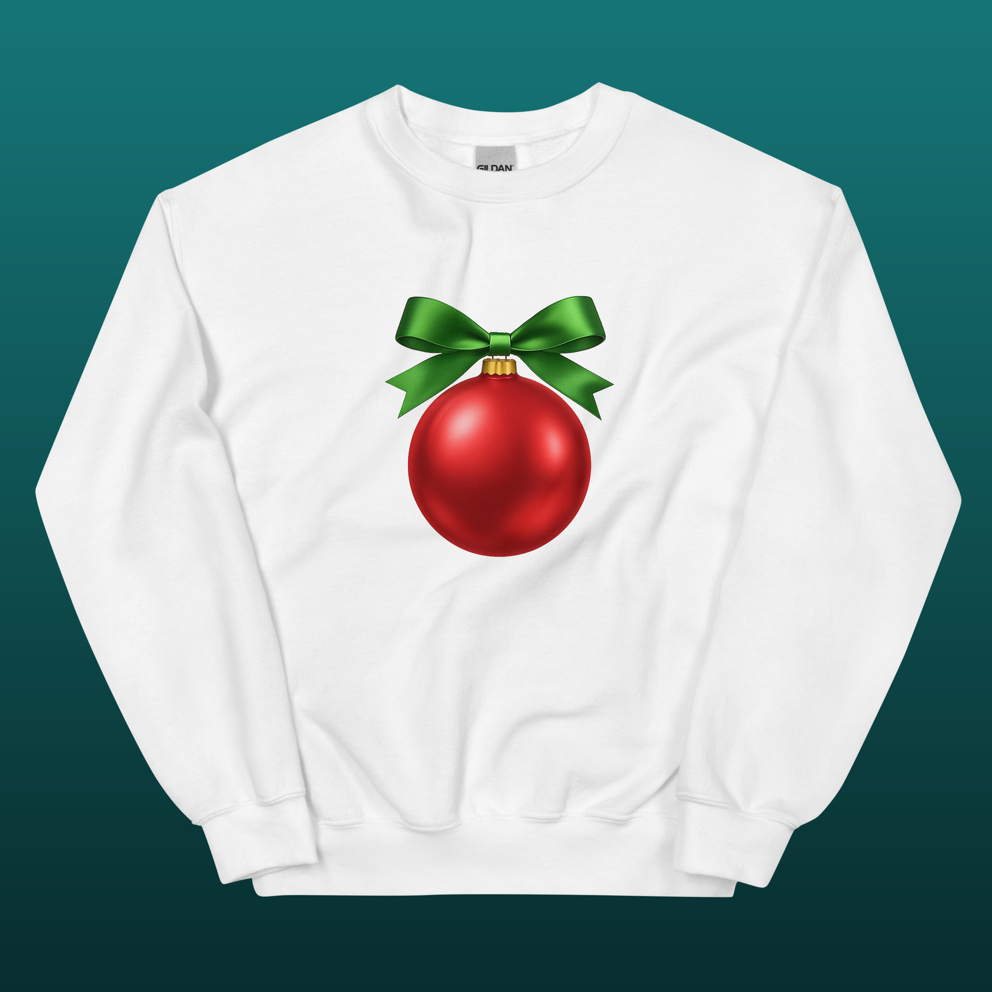 White sweatshirt with a red Christmas ball and green bow design, mockup