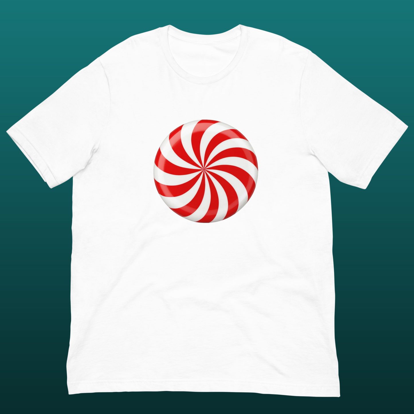 White t-shirt with a red and white candy swirl design