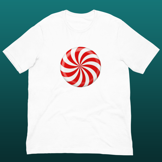 White t-shirt with a red and white candy swirl design