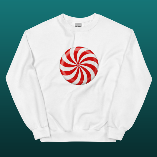 White unisex sweatshirt with a red and white peppermint swirl candy, mockup