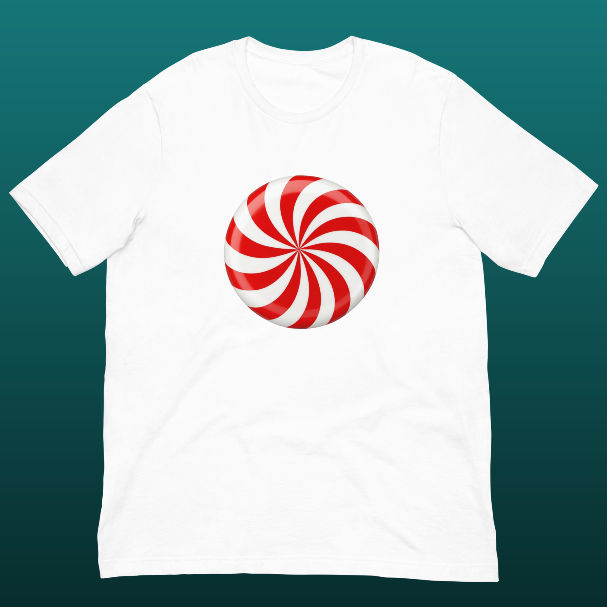 White t-shirt with a red and white striped candy design