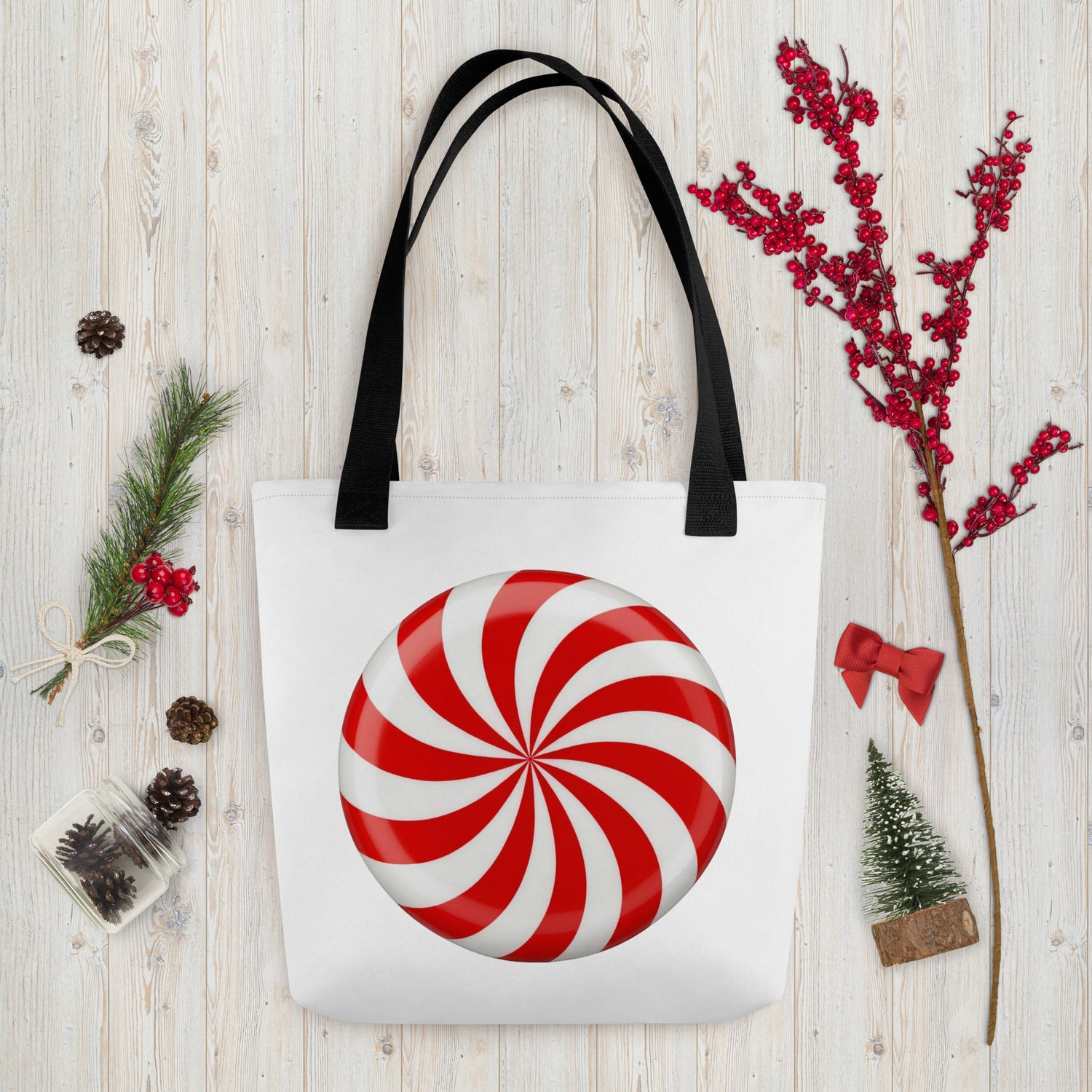 Red peppermint candy tote bag mockup