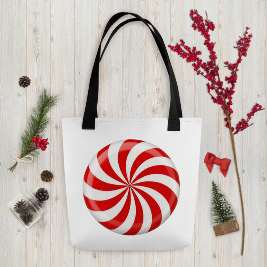 Red peppermint candy tote bag mockup